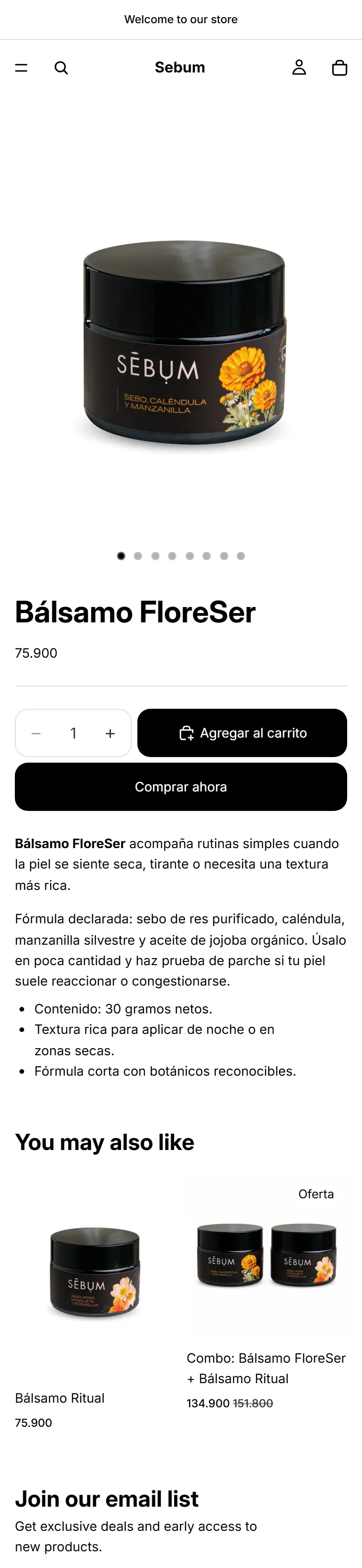 Sebum, before: the store's previous theme, viewed on October 4, 2026.