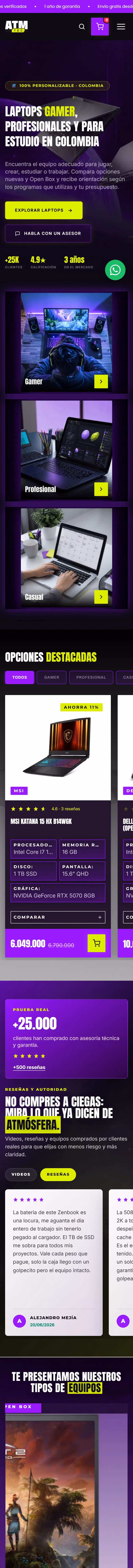 Atmósfera Tecnológica: página de inicio completa en celular.