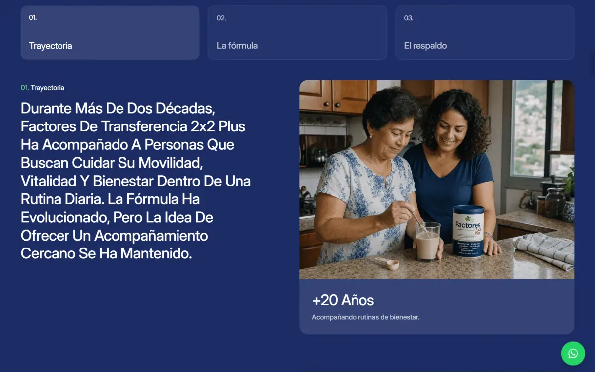 Factores 2x2: página de inicio en computador, vista 3 al desplazarse.