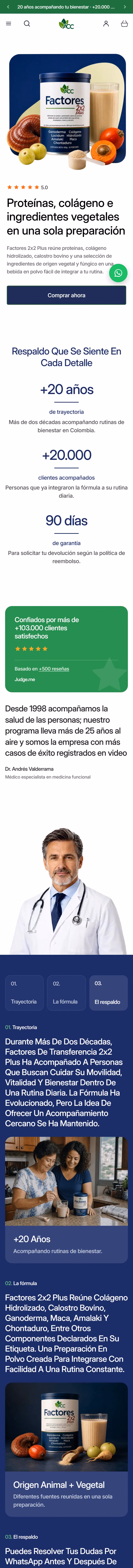 Factores 2x2: página de inicio completa en celular.