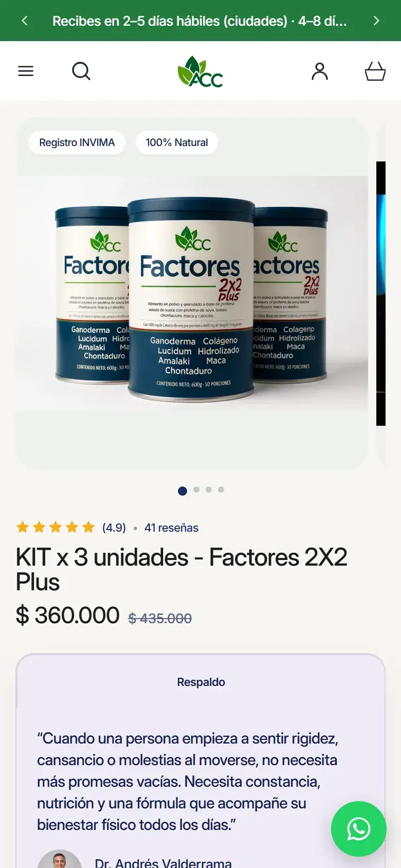 Factores 2x2: página de producto en celular.