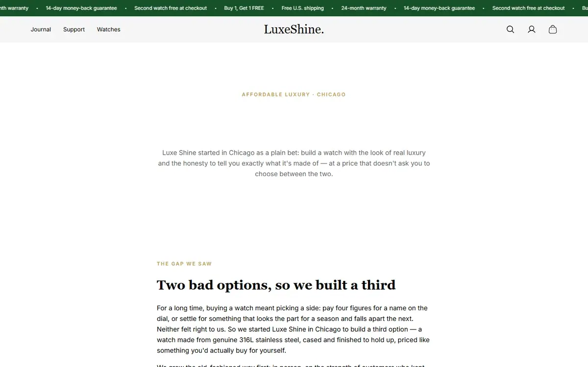 Luxe Shine: la página «Nosotros» en computador.