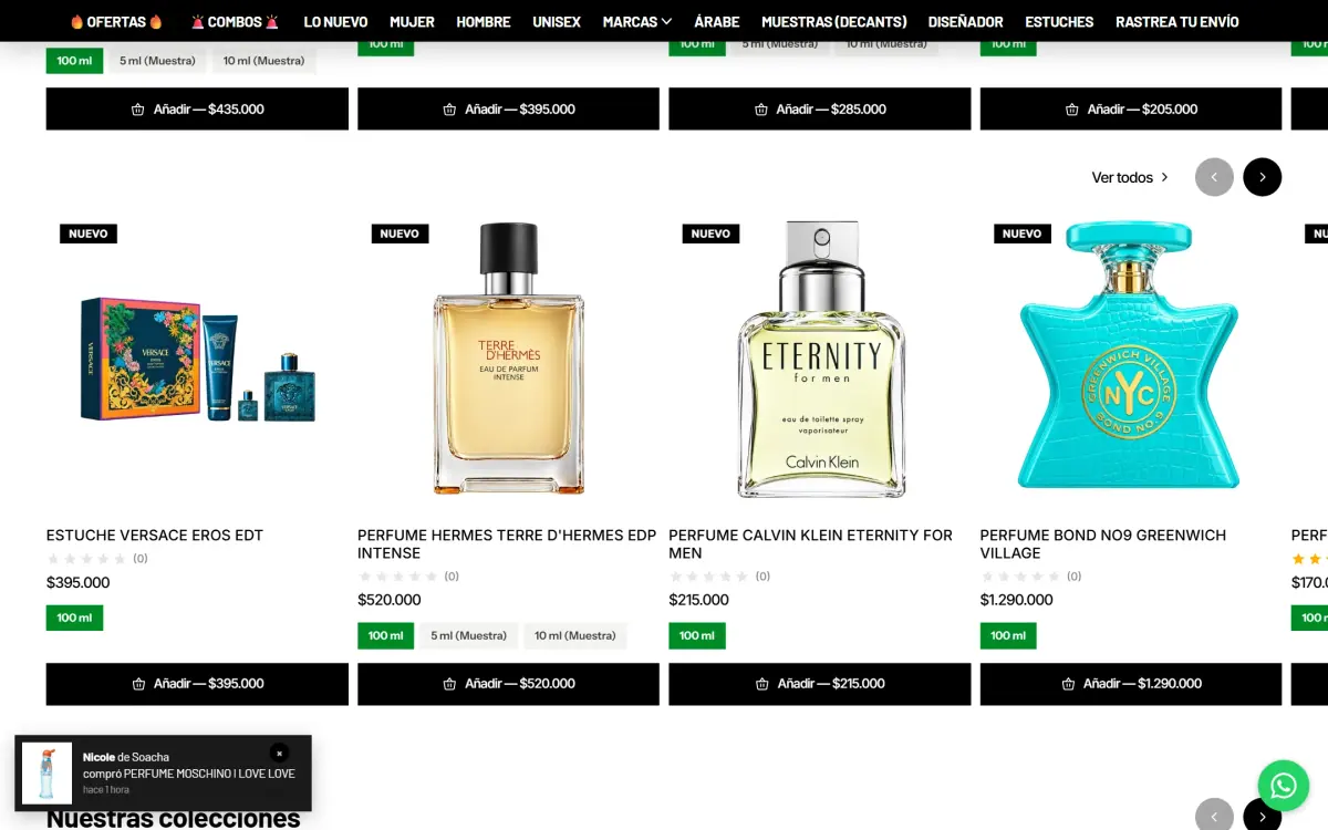 Perfumería Millennio: página de inicio en computador, vista 3 al desplazarse.