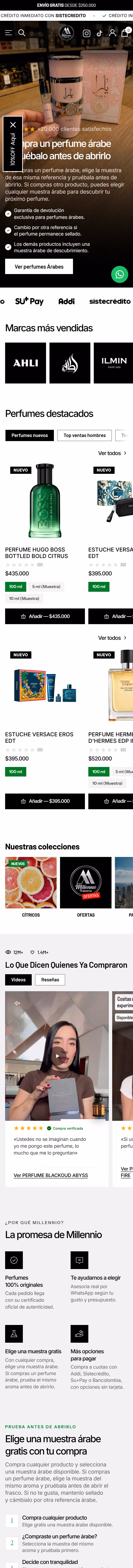Perfumería Millennio: página de inicio completa en celular.