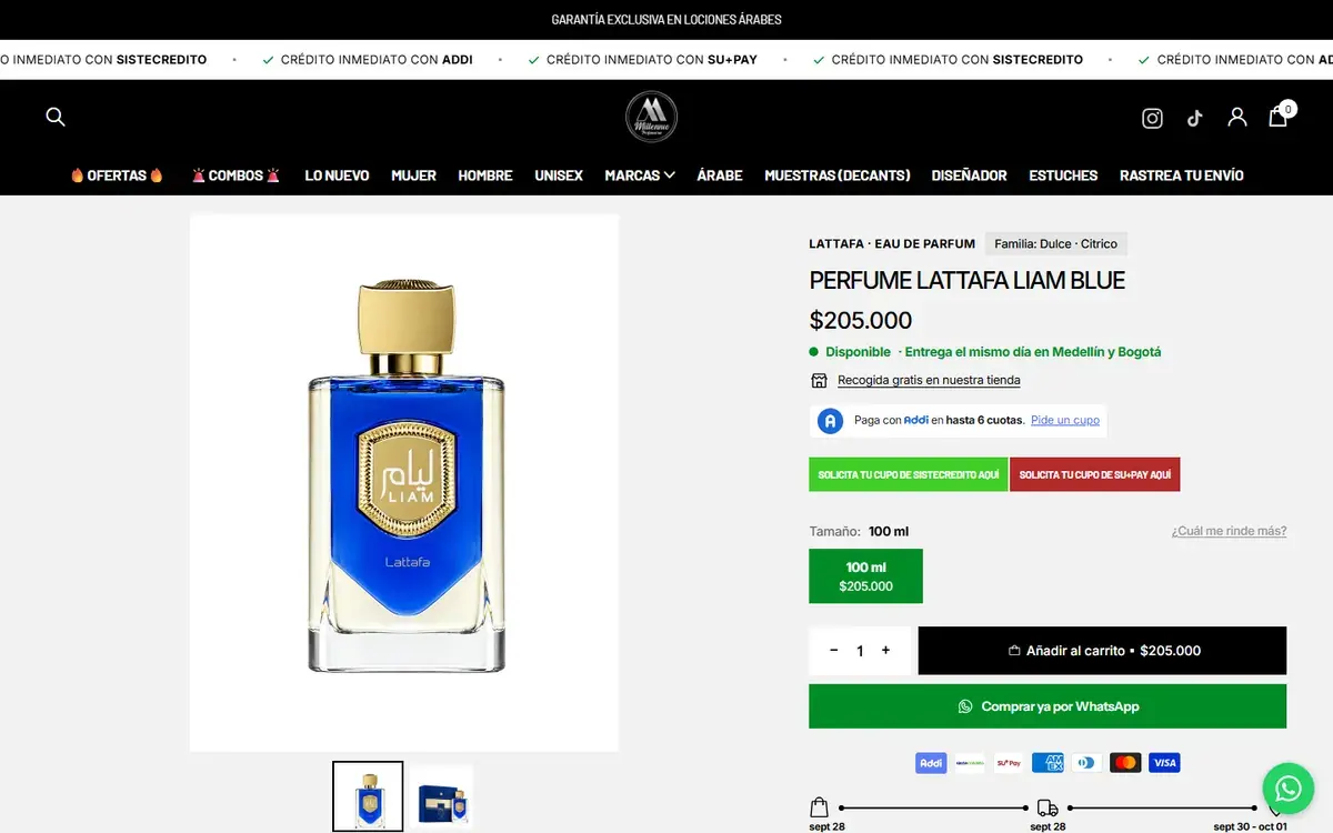 Perfumería Millennio: página de producto en computador.