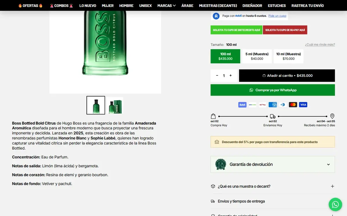 Perfumería Millennio: página de producto, más abajo en computador.