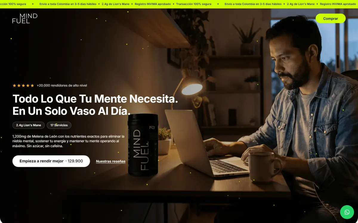 Mindfuel: página de inicio en computador.