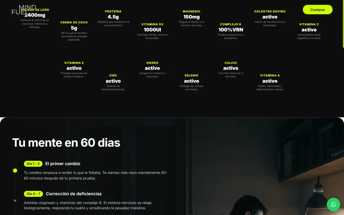 Mindfuel: página de inicio en computador, vista 3 al desplazarse.