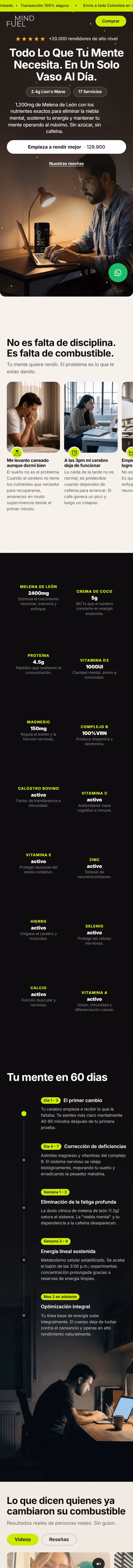 Mindfuel: página de inicio completa en celular.