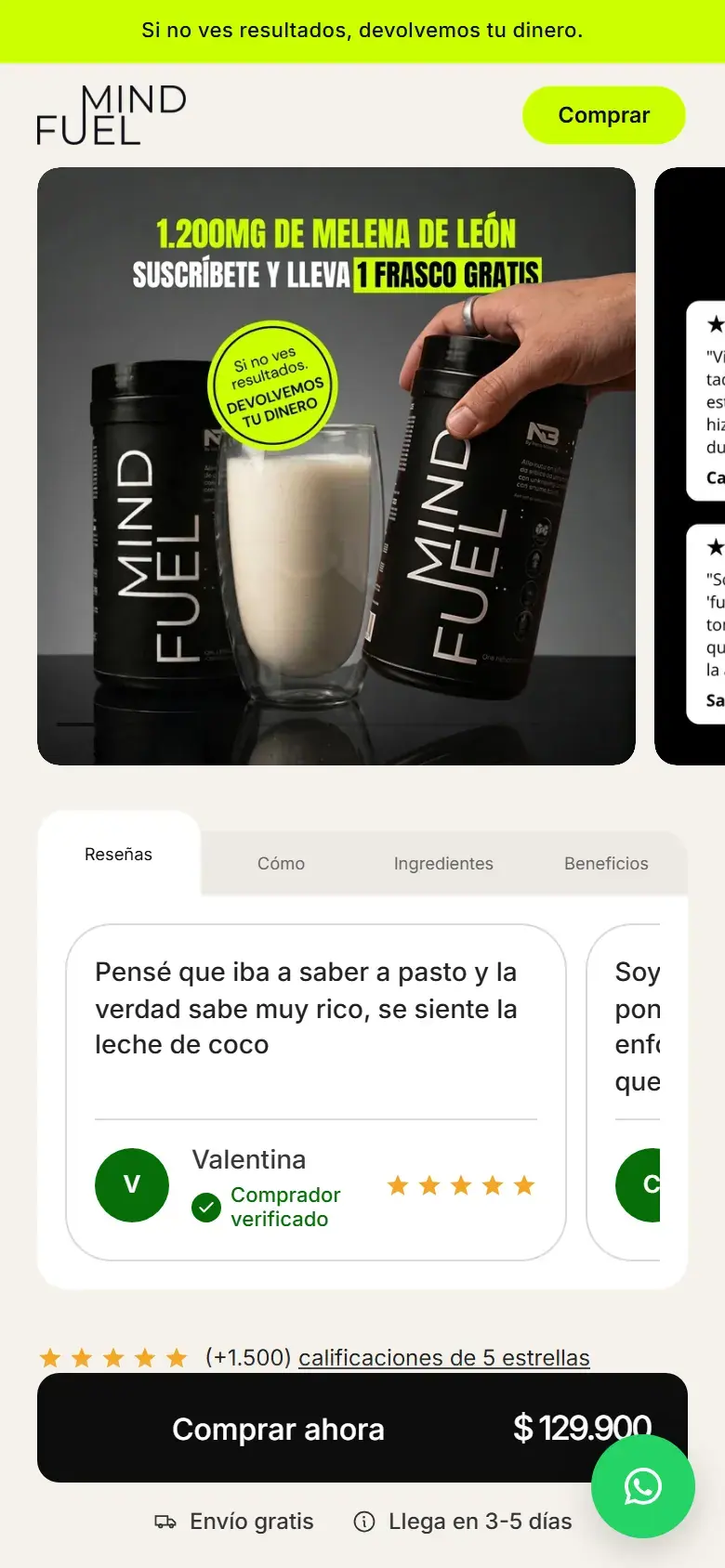 Mindfuel: página de producto en celular.
