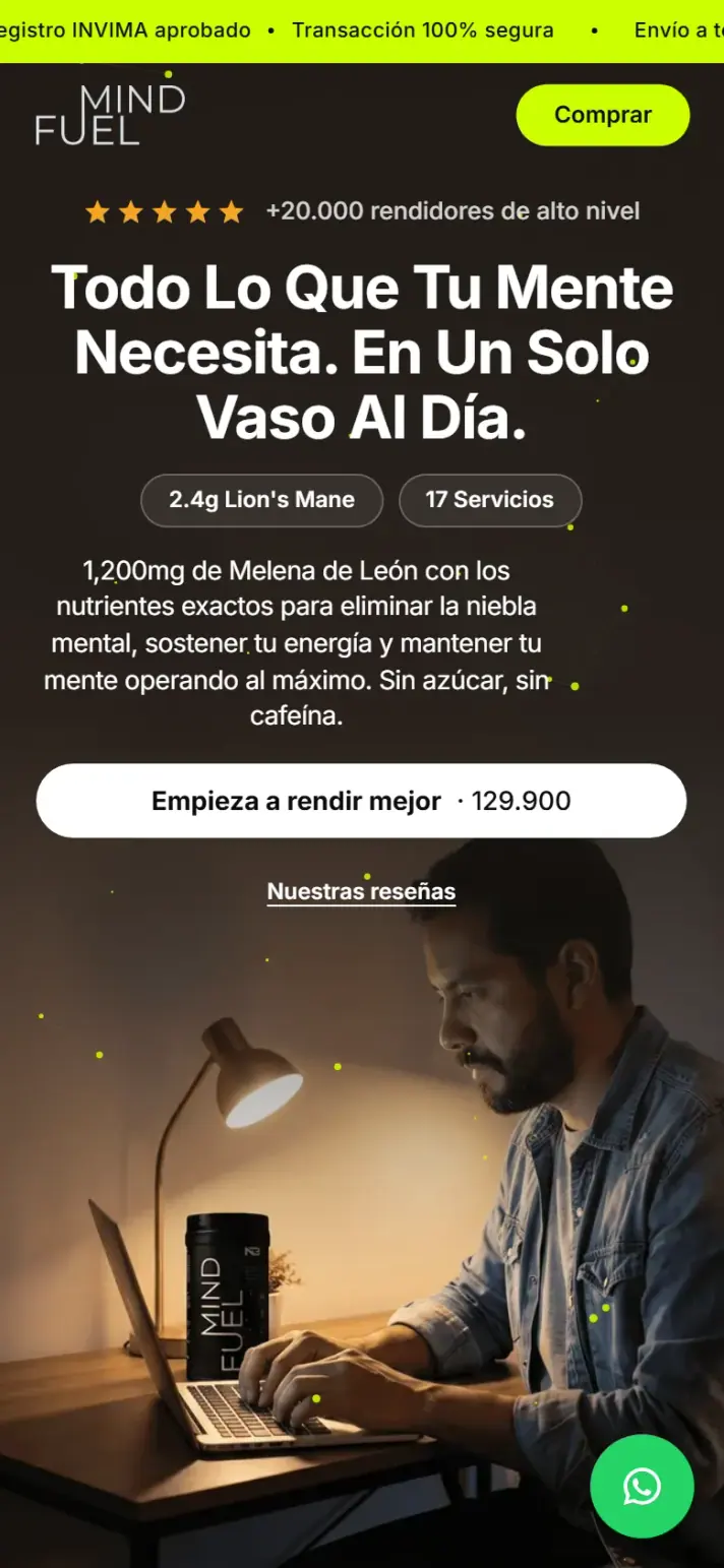 Mindfuel: página de inicio en celular.