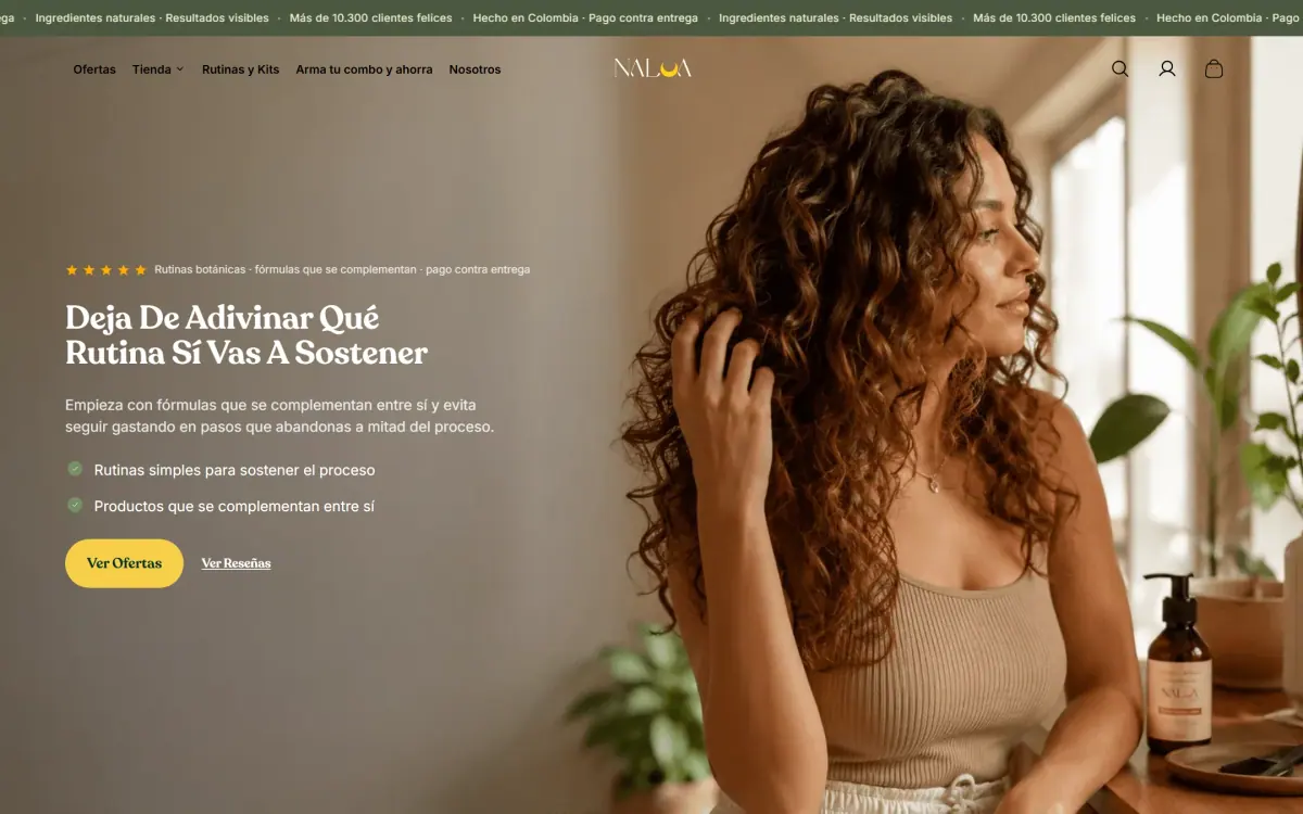 Nalua Skincare: página de inicio en computador.