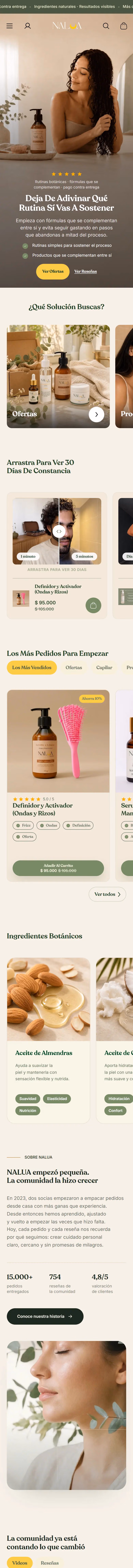 Nalua Skincare: página de inicio completa en celular.