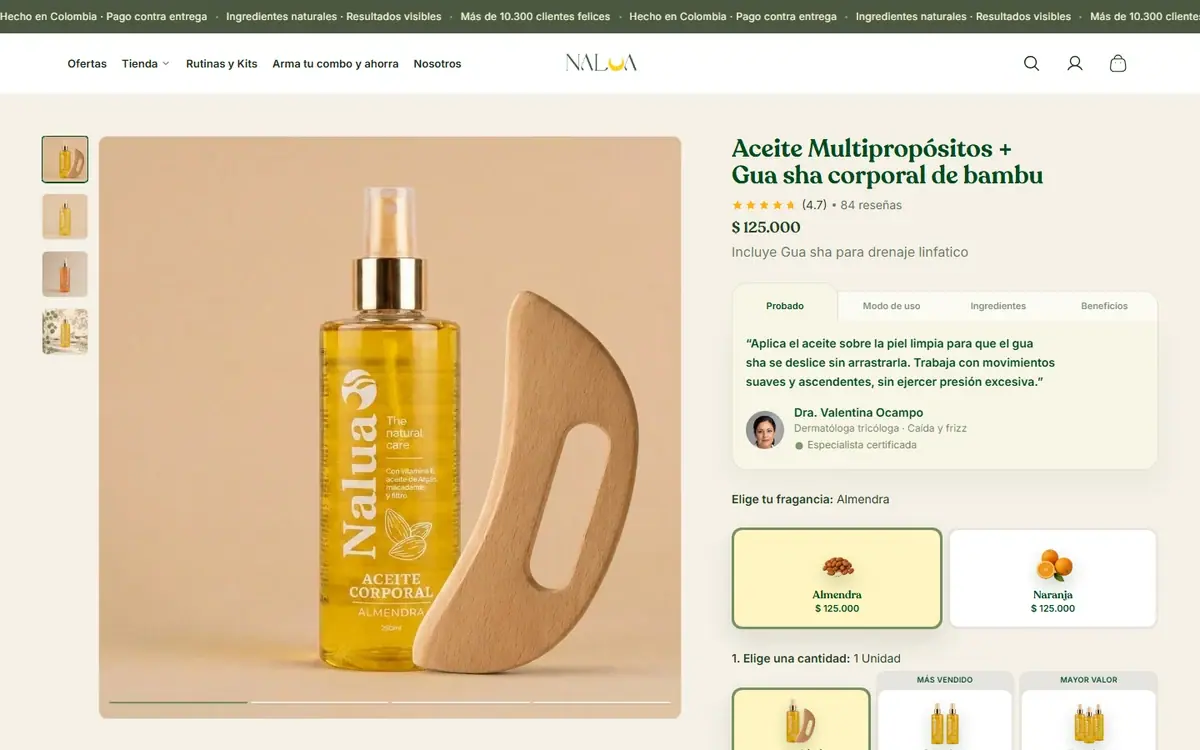 Nalua Skincare: página de producto en computador.