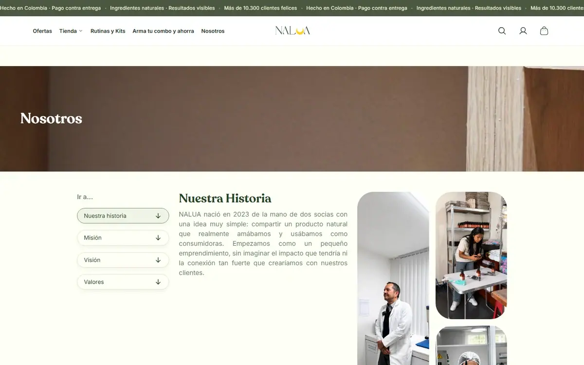 Nalua Skincare: la página «Nosotros» en computador.