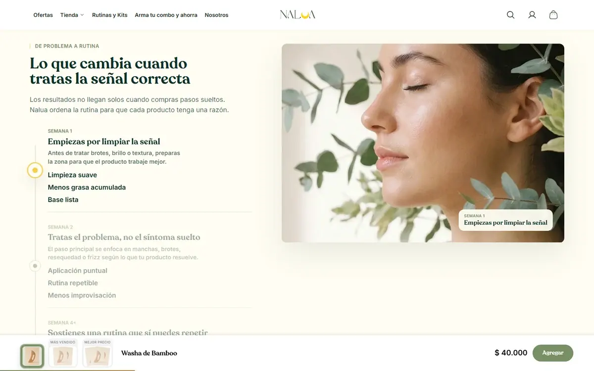 Nalua Skincare: página de producto, más abajo en computador.