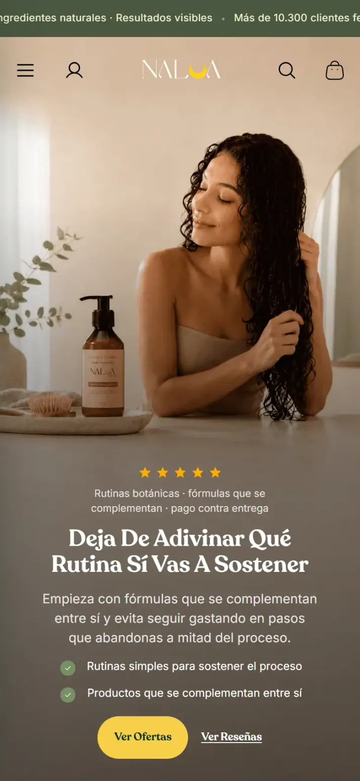 Nalua Skincare: página de inicio en celular.