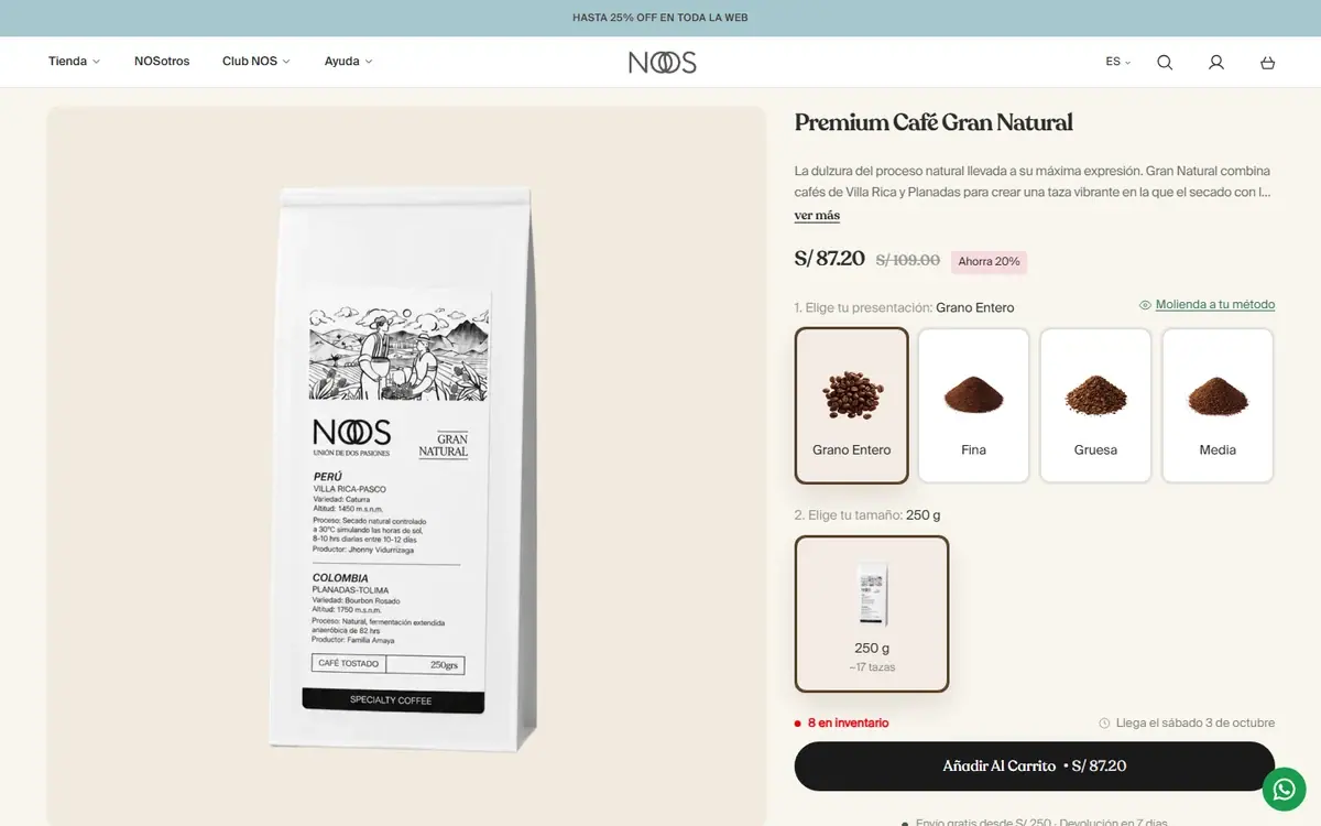 NOS Café: página de producto en computador.
