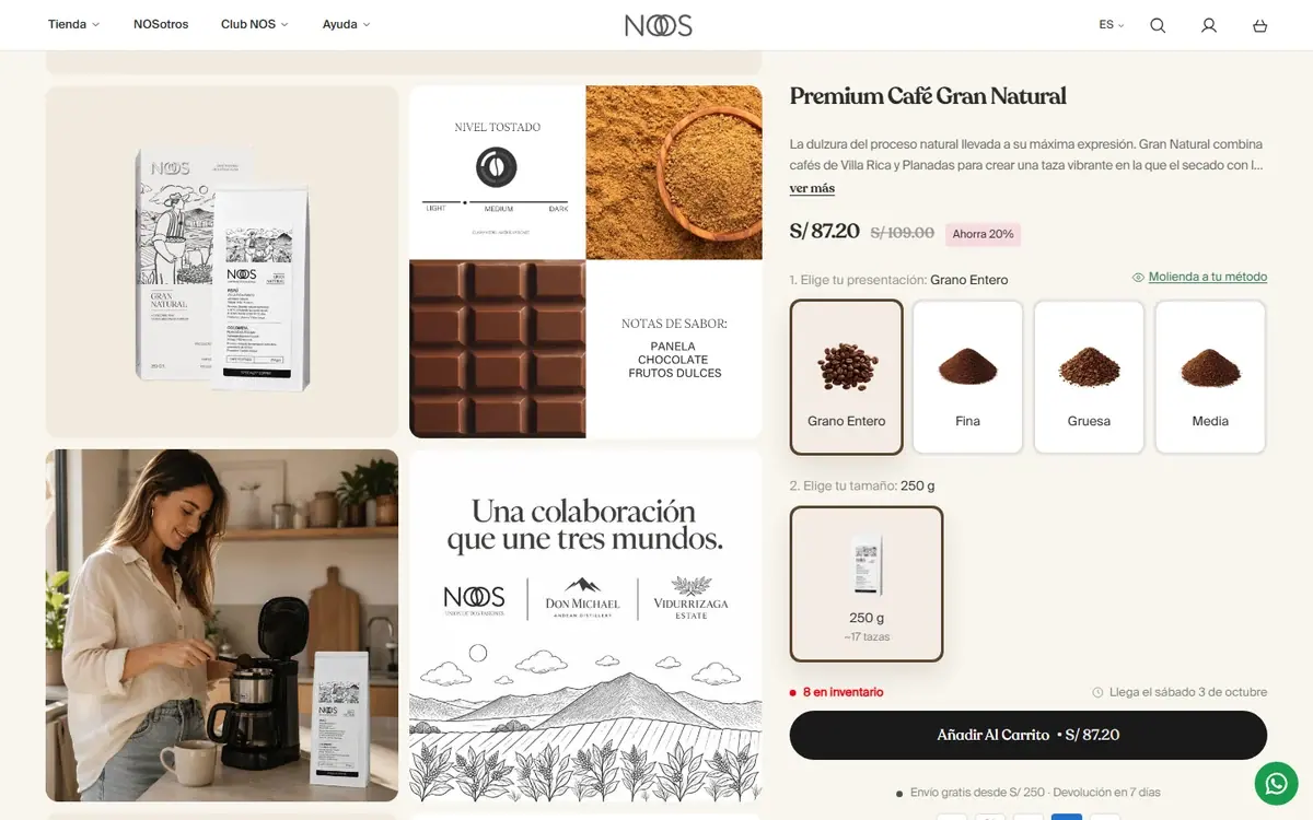 NOS Café: página de producto, más abajo en computador.