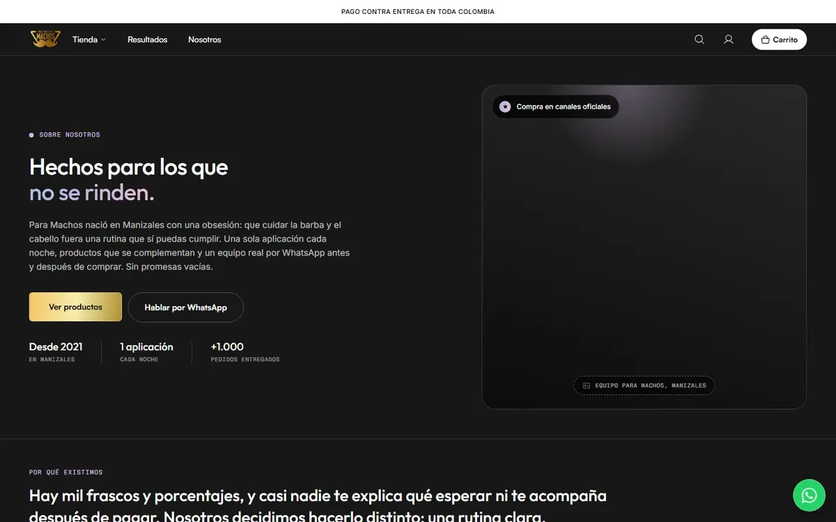 Para Machos: la página «Nosotros» en computador.