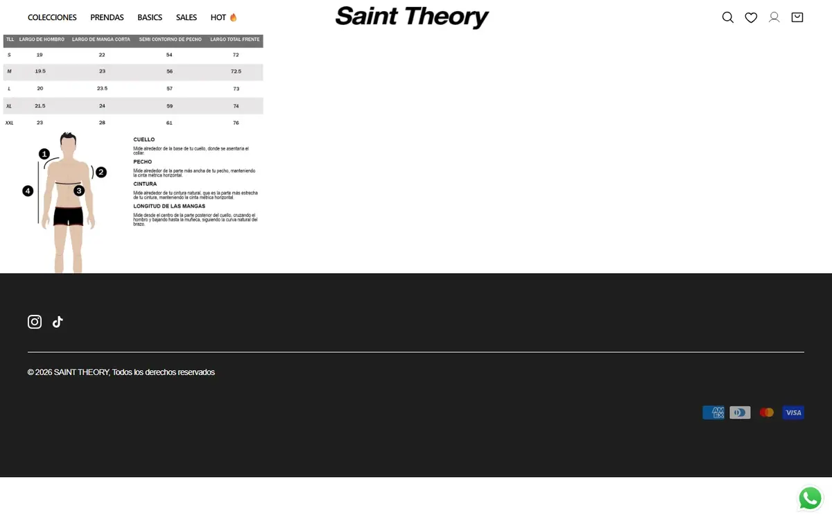 Saint Theory: la página «Guía de tallas» en computador.