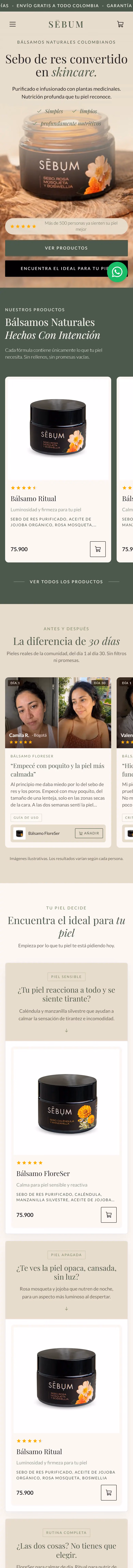 Sebum: página de inicio completa en celular.