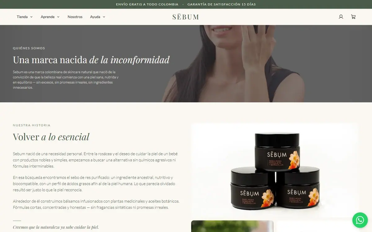 Sebum: la página «Nosotros» en computador.