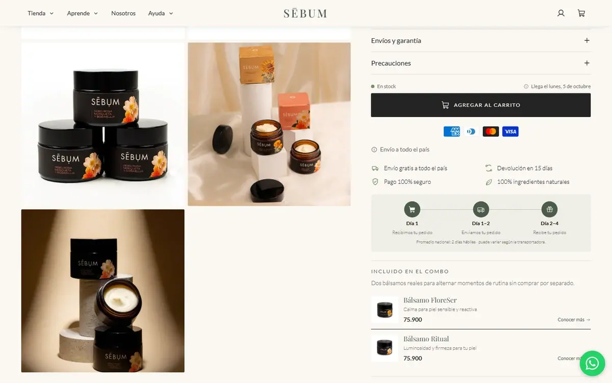 Sebum: página de producto, más abajo en computador.