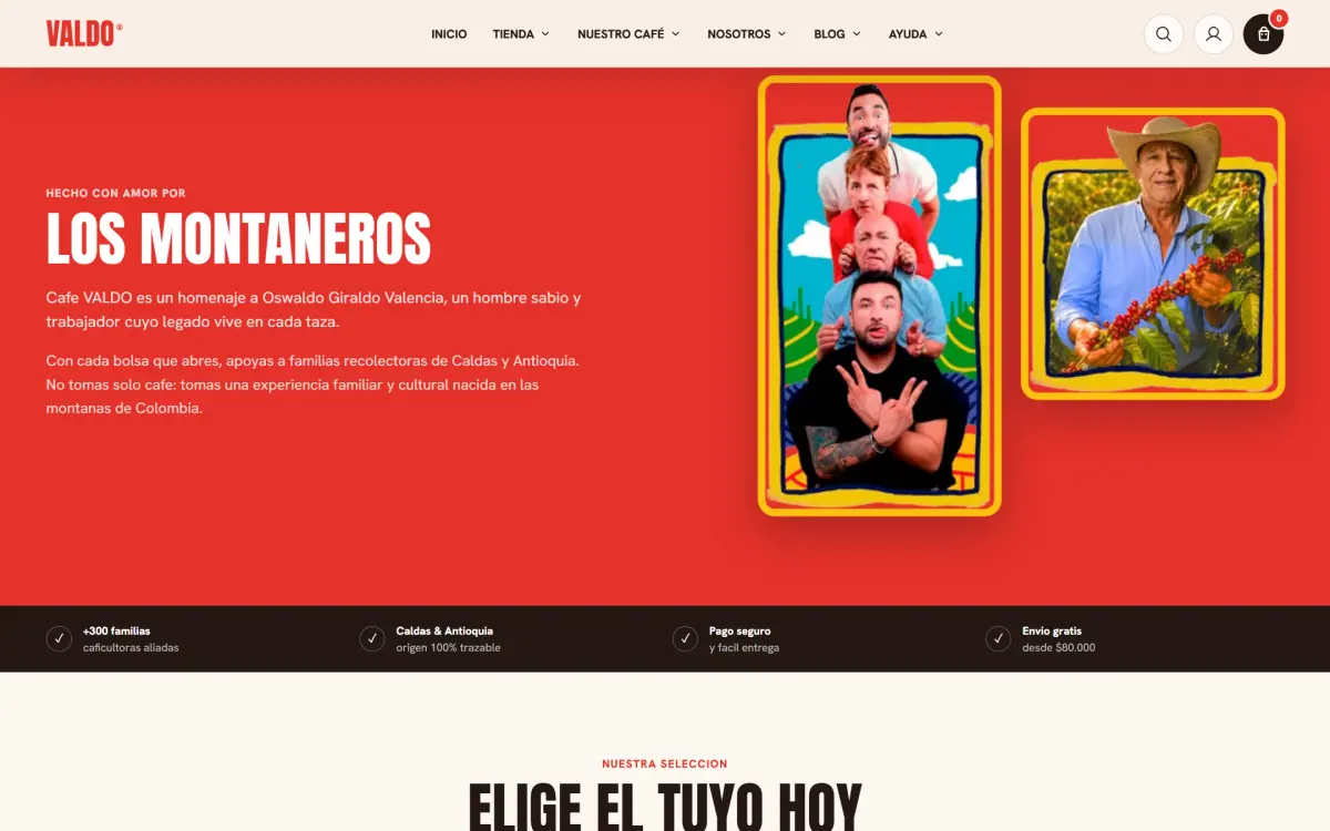 Valdo Café: página de inicio en computador, vista 2 al desplazarse.