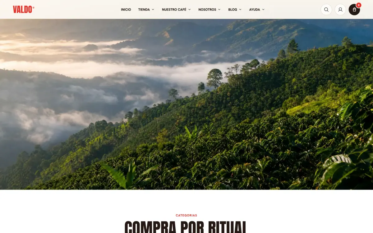 Valdo Café: página de inicio en computador, vista 4 al desplazarse.