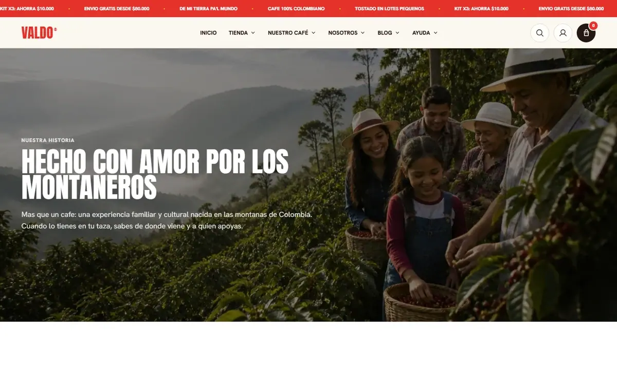 Valdo Café: la página «Nosotros» en computador.