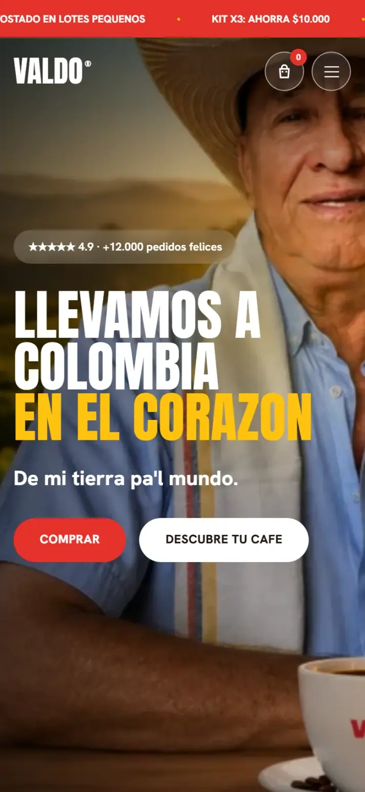 Valdo Café: página de inicio en celular.